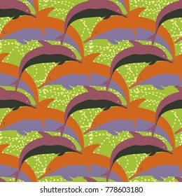 Seamless texture with a flock of dolphins under water, illustration for background