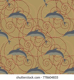 Seamless texture with a flock of dolphins under water, illustration for background