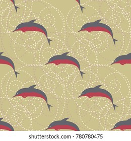 Seamless texture with a flock of dolphins under water, illustration for background