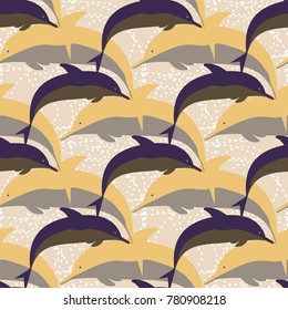 Seamless texture with a flock of dolphins under water, illustration for background