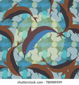 Seamless texture with a flock of dolphins under water, illustration for background