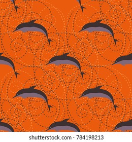 Seamless texture with a flock of dolphins under water, illustration for background
