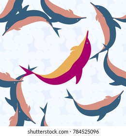 Seamless texture with a flock of dolphins under water, illustration for background