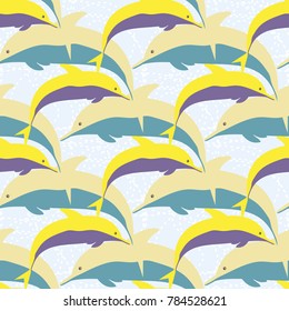 Seamless texture with a flock of dolphins under water, illustration for background
