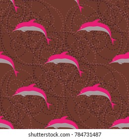 Seamless texture with a flock of dolphins under water, illustration for background