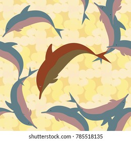 Seamless texture with a flock of dolphins under water, illustration for background