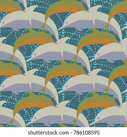 Seamless texture with a flock of dolphins under water, illustration for background