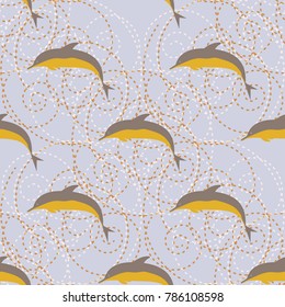 Seamless texture with a flock of dolphins under water, illustration for background