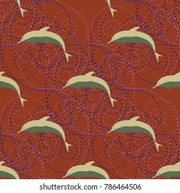 Seamless texture with a flock of dolphins under water, illustration for background