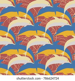 Seamless texture with a flock of dolphins under water, illustration for background