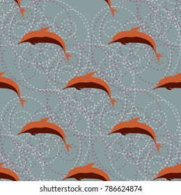 Seamless texture with a flock of dolphins under water, illustration for background