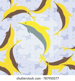 Seamless texture with a flock of dolphins under water, illustration for background