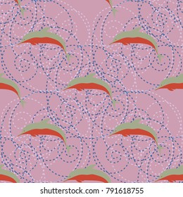 Seamless texture with a flock of dolphins under water, illustration for background