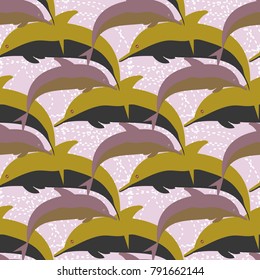 Seamless texture with a flock of dolphins under water, illustration for background