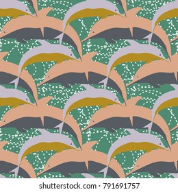 Seamless texture with a flock of dolphins under water, illustration for background