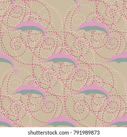 Seamless texture with a flock of dolphins under water, illustration for background