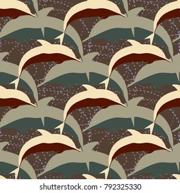 Seamless texture with a flock of dolphins under water, illustration for background