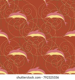 Seamless texture with a flock of dolphins under water, illustration for background