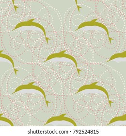 Seamless texture with a flock of dolphins under water, illustration for background