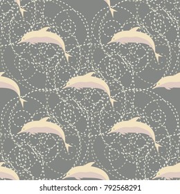 Seamless texture with a flock of dolphins under water, illustration for background