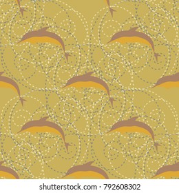 Seamless texture with a flock of dolphins under water, illustration for background