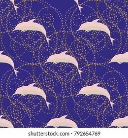 Seamless texture with a flock of dolphins under water, illustration for background