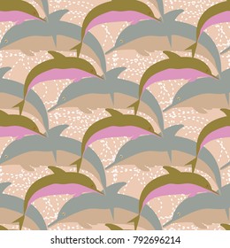 Seamless texture with a flock of dolphins under water, illustration for background