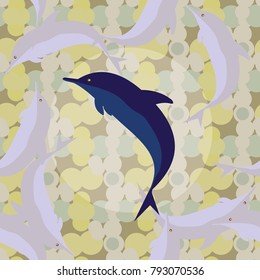 Seamless texture with a flock of dolphins under water, illustration for background