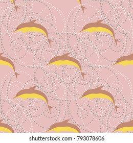 Seamless texture with a flock of dolphins under water, illustration for background
