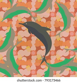 Seamless texture with a flock of dolphins under water, illustration for background