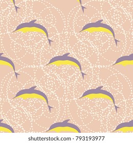 Seamless texture with a flock of dolphins under water, illustration for background