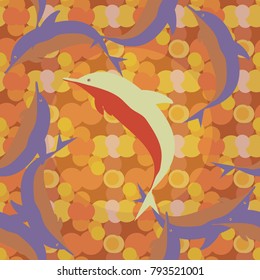 Seamless texture with a flock of dolphins under water, illustration for background
