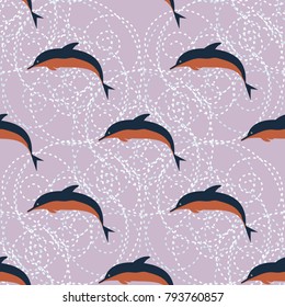 Seamless texture with a flock of dolphins under water, illustration for background