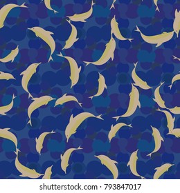 Seamless texture with a flock of dolphins under water, illustration for background