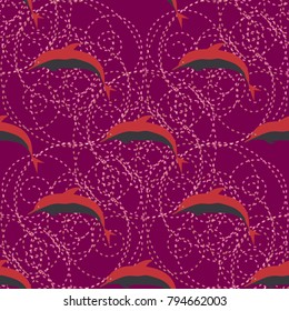 Seamless texture with a flock of dolphins under water, illustration for background