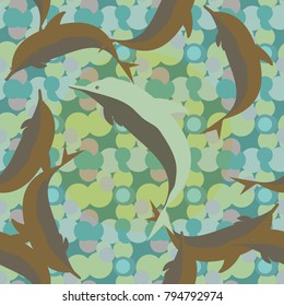 Seamless texture with a flock of dolphins under water, illustration for background