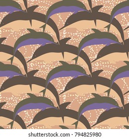 Seamless texture with a flock of dolphins under water, illustration for background