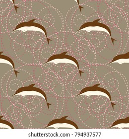 Seamless texture with a flock of dolphins under water, illustration for background