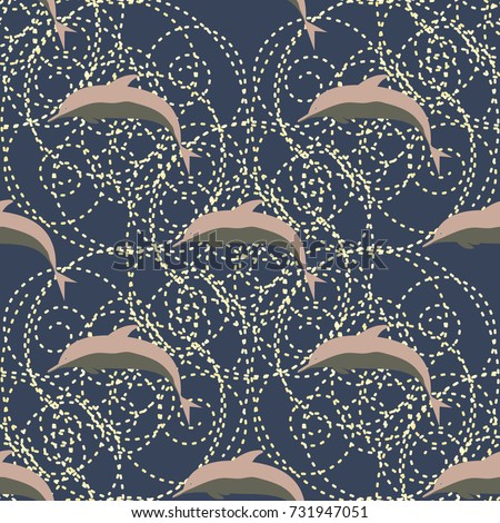 Seamless texture with a flock of dolphins under water, illustration for background