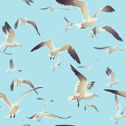Seamless Texture With A Flock Of Seagulls Flying On A Blue Background, Vector Illustration