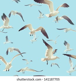 seamless texture with a flock of seagulls flying on a blue background, vector illustration