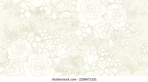 A Seamless Texture With A Floral Bouquet Of Roses, Berries, Leafy Twigs On A Vintage Shabby Chic Cream Surface. An Outline Hand Drawn Of Rose Flowers Against A Beige Monochrome Grunge Background. 