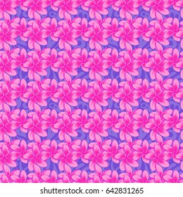 Seamless texture of floral ornament on a violet background. Optical illusion with plumeria flowers. Vector illustration good for the interior design, printing, web and textile design.