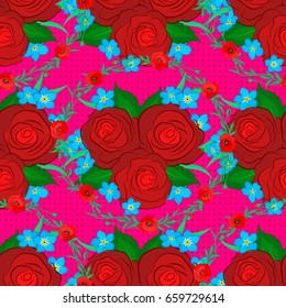 Seamless texture of floral ornament on a magenta background. Optical illusion with rose flowers and green leaves. Vector illustration good for the interior design, printing, web and textile design.