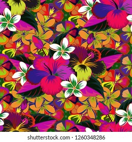 Seamless texture of floral ornament in pink, magenta and yellow colors. Optical illusion with plumeria flowers. Illustration good for the interior design, printing, web and textile design.