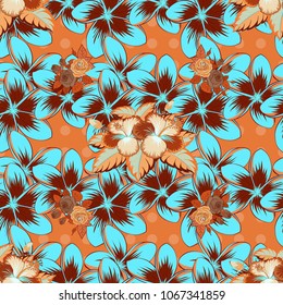 Seamless texture of floral ornament in red, blue and orange colors. Optical illusion with plumeria flowers. Vector illustration good for the interior design, printing, web and textile design.