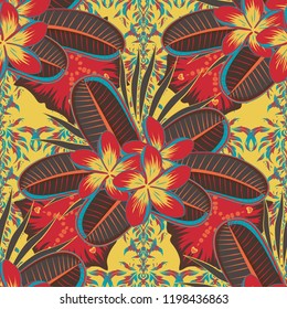 Seamless texture of floral ornament in red, brown and yellow colors. Optical illusion with plumeria flowers. Vector illustration good for the interior design, printing, web and textile design.