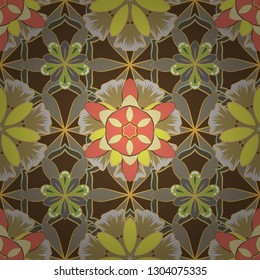 Seamless texture of floral ornament in yellow, gray and brown colors. Optical illusion. Vector illustration good for the interior design, printing, web and textile design.
