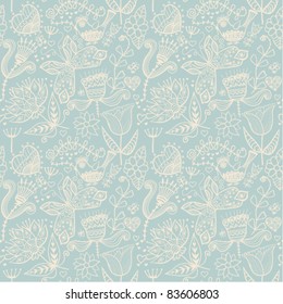 Seamless texture with flower, bird and butterfly. Endless floral pattern.