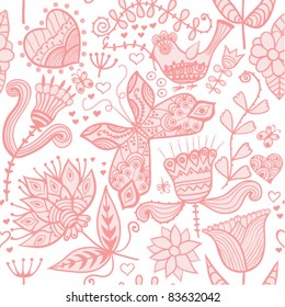 Seamless texture with flower, bird and butterfly. Endless floral pattern.